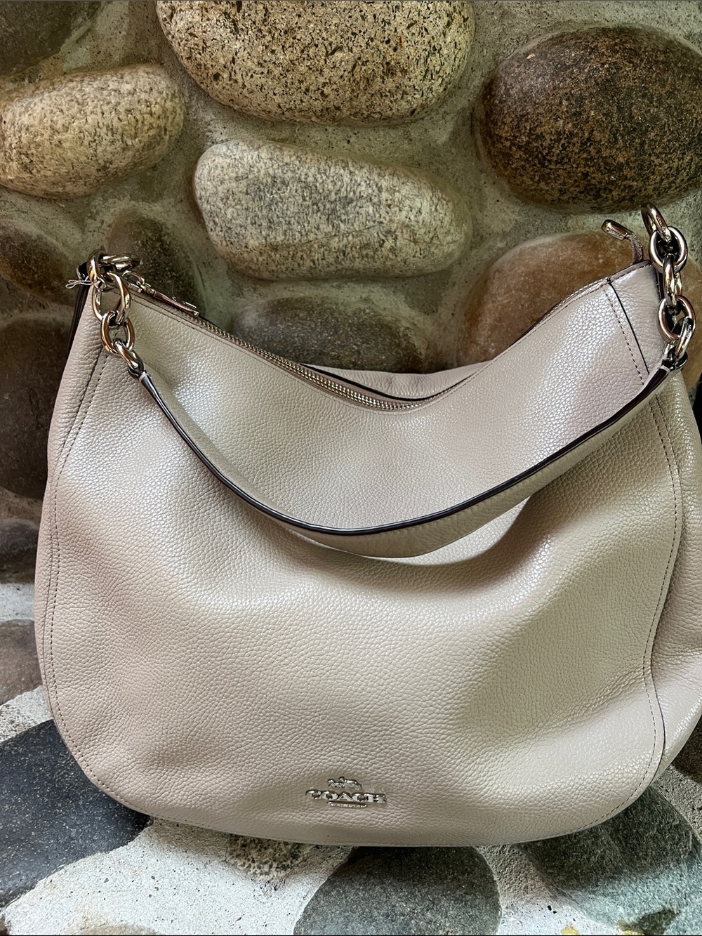Coach Pebbled Leather Shoulder Hobo in Light Taupe